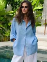 Bornladies 100% Cotton Spring Summer Versatile Lazy Casual Shirt Women's Fashionable Solid Color Loose Shirt Cardigan Shirt