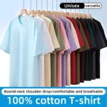 100% Pure Cotton T-Shirt With Round Neck Shoulder Design For Both Men Women Summer Solid Color Short Sleeved Casual Loose Fit