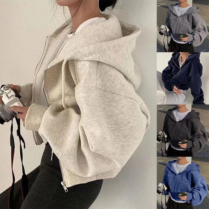 S5d871538f1624b1ab6442f397dbf5fadw.webp 2024 Spring Autumn New Insfleece-lined Versatile Cropped Slims Smooths Silhouette Zip-up Warm Navy Blue Hooded Sweatshirt Women - Image 1
